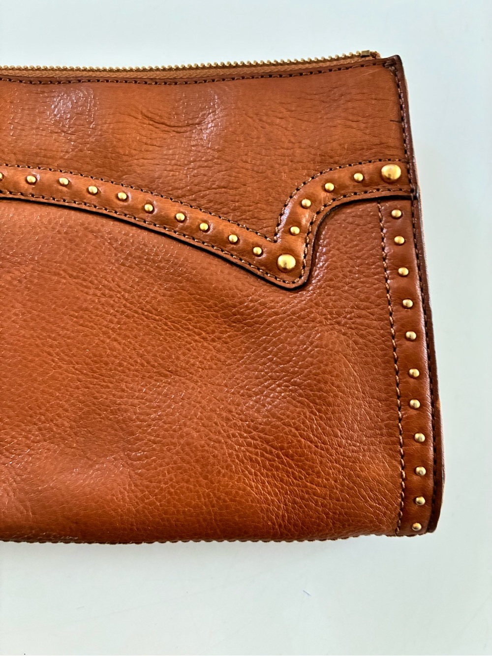 VTG Michael Kors Cognac Lamb Leather Western Scalloped Studded Zip Clutch-READ - Picture 10 of 15